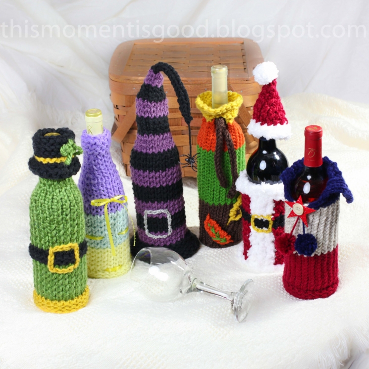 WINE BOTTLE COVERS, LOOM KNITTING PATTERN! SIX UNIQUE HOLIDAY WINE BOTTLE COVER