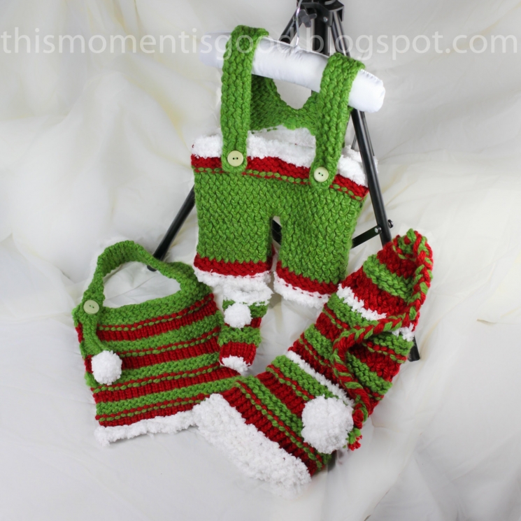 Loom Knit Overall Pattern, booties, bib and Elf Hat Pattern Set