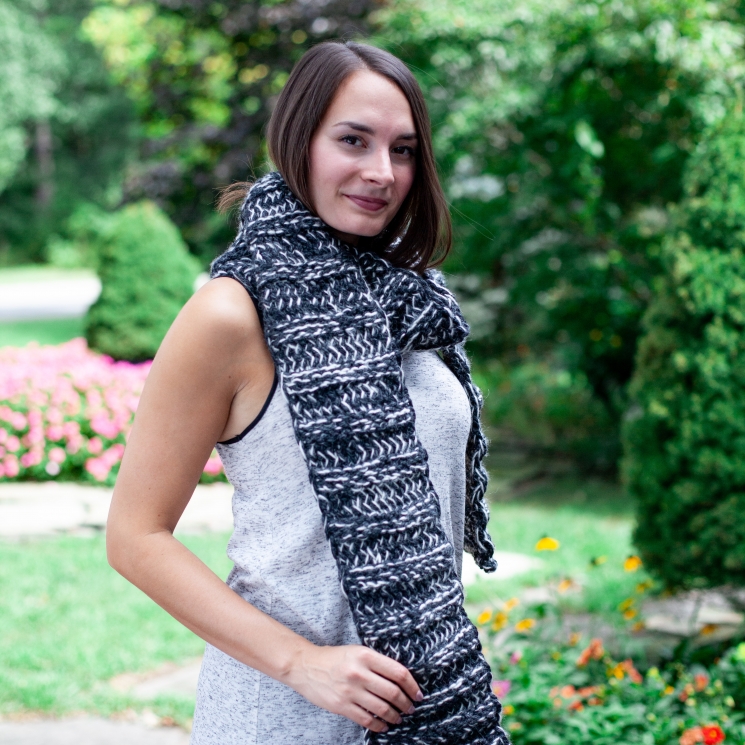 Loom knit, chunky, extra warm, black and white, trendy scarf.