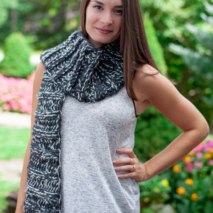 Loom knit, chunky, extra warm, black and white, trendy scarf.