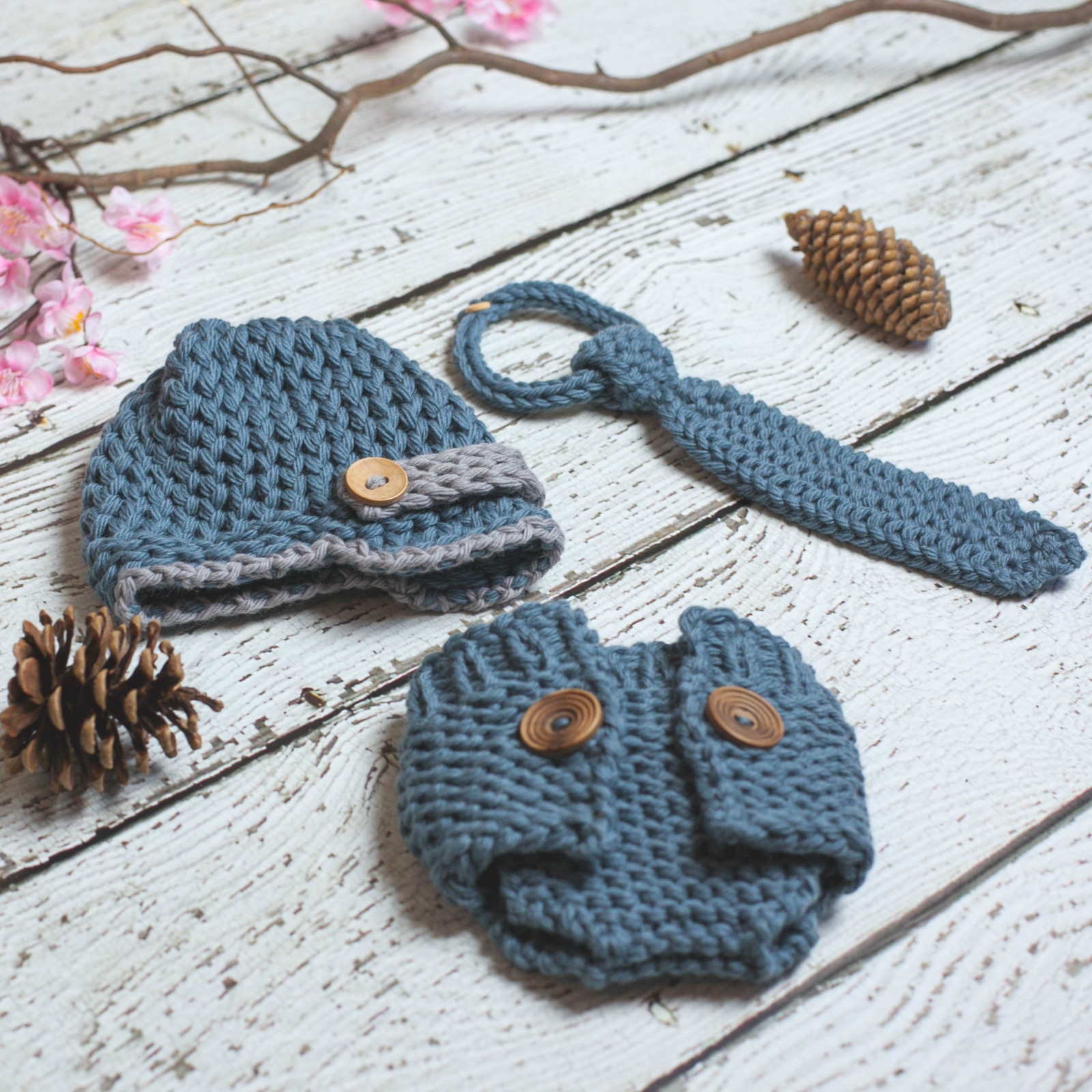 Loom knit newsboy, tie, diaper cover pattern set. This Moment is Good