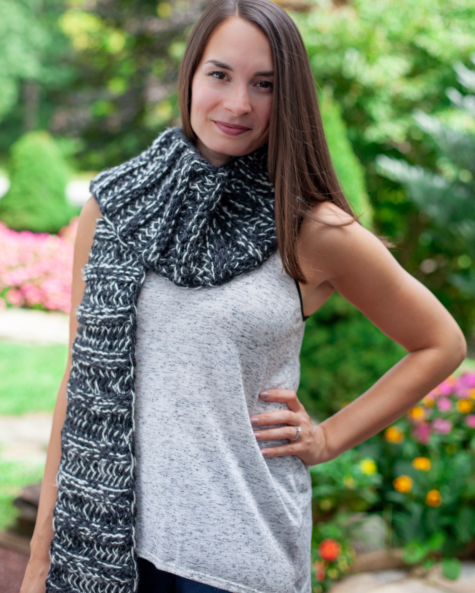 Loom knit, chunky, extra warm, black and white, trendy scarf.