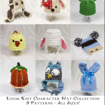 Loom Knit Character Hat PATTERN Collection, 9 Adorable PATTERNS included: Bunny, Lamb, Frog, Pumpkin, Puppy, Aviator, Owl, Chick.pom-pom hat Loom Knit Character Hat PATTERN Collection, 9 Adorable PATTERNS included: Bunny, Lamb, Frog, Pumpkin, Puppy, Aviator, Owl, Chick.pom-pom hat