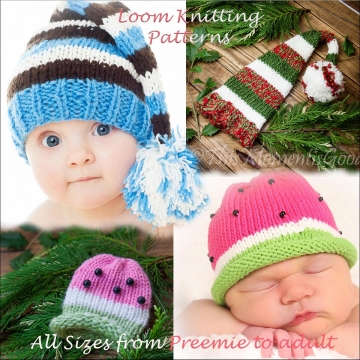 Loom Knit Elf & Watermelon Hat PATTERNS. 2 Hat PATTERNS in All sizes from Preemie to Adult. Use any Lg Gauge round loom. PDF download.