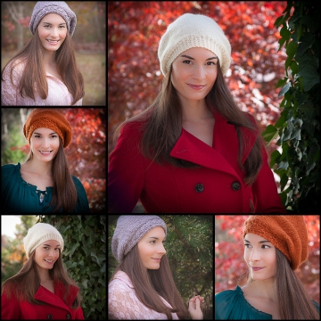 Loom knit beret collection, 3 patterns included; Actually love beret, cable beret and painters beret. Sizes vary. PDF Pattern download.