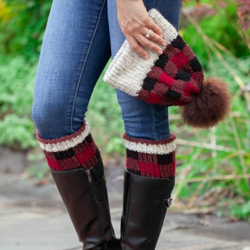 Loom Knit Buffalo Plaid Hat & Boot Toppers Pattern Set. Extra Warm Winter Loom Knit With Easy Colorwork. PDF PATTERN Download.