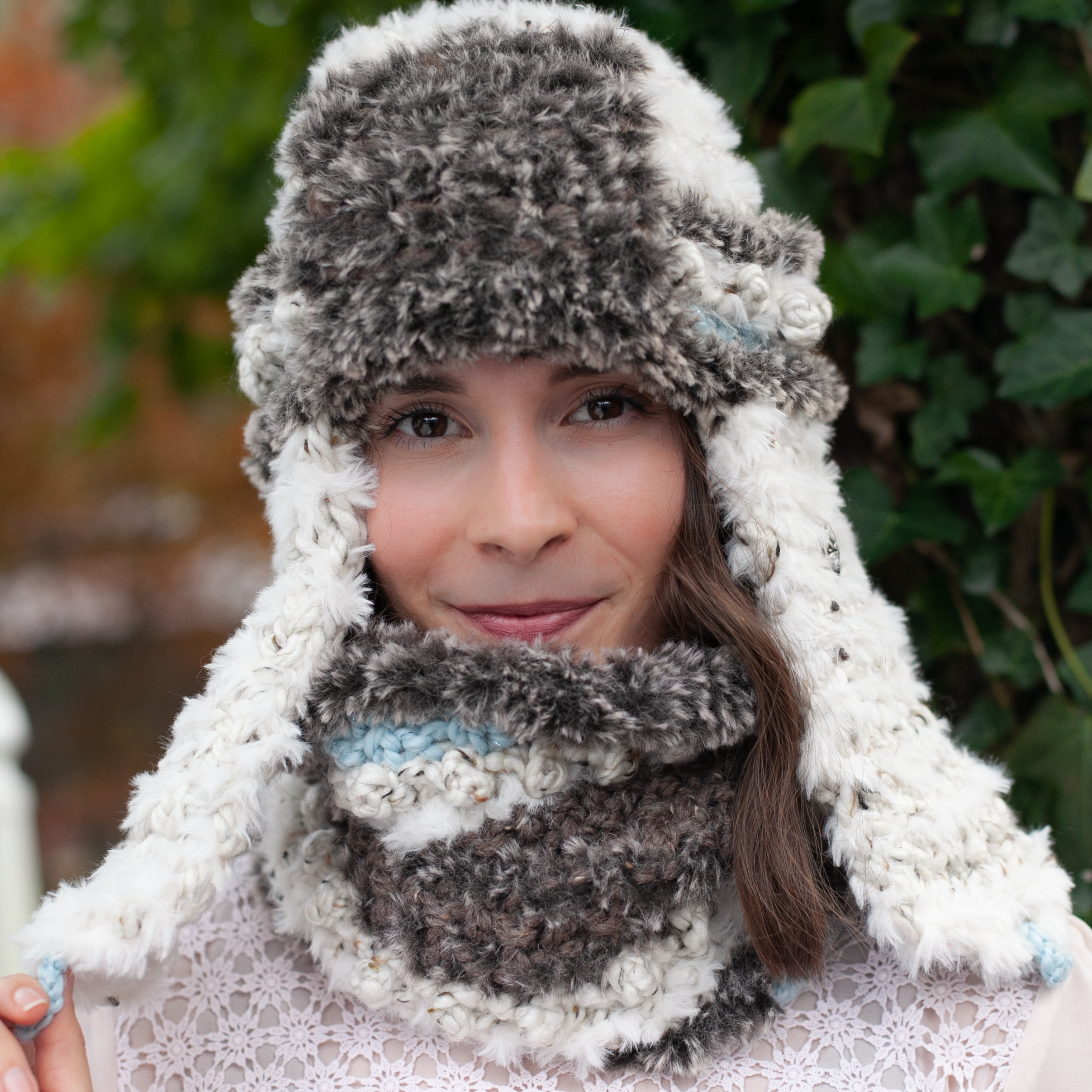Loom Knit Faux Fur Trapper Hat and Cowl 